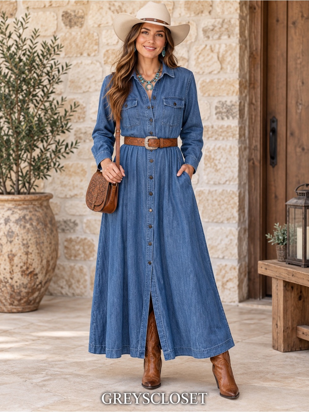 LOFT Denim Button Front Midi Dress | Long Sleeve | Fit & Flare Size 14